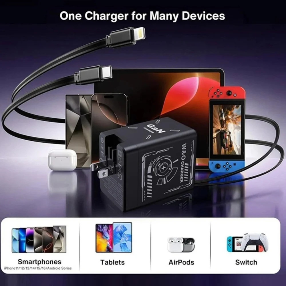 W&O 2 in 1 Gan Charger Retractable Type C Lightening Iphone Fast Charging